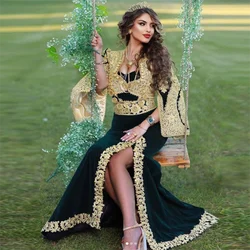 Dark Green Velour Moroccan Kaftan Evening Dresses Golden Appliques Long Formal Prom Dress Dubai Party Gowns 2023