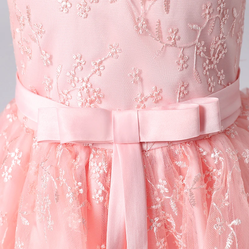 Summer Lace Embroidery Kids Dress For Girls Evening Wedding Party Tail Elegant Princess Sleeveless Children Holiday Dresses