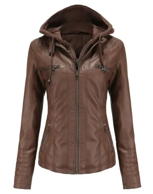 Hooded Leather Jacket Two-Piece Detachable Women Leather Coat Women's PU Leather Washed Leather Outerwear Asia Size XS-7XL