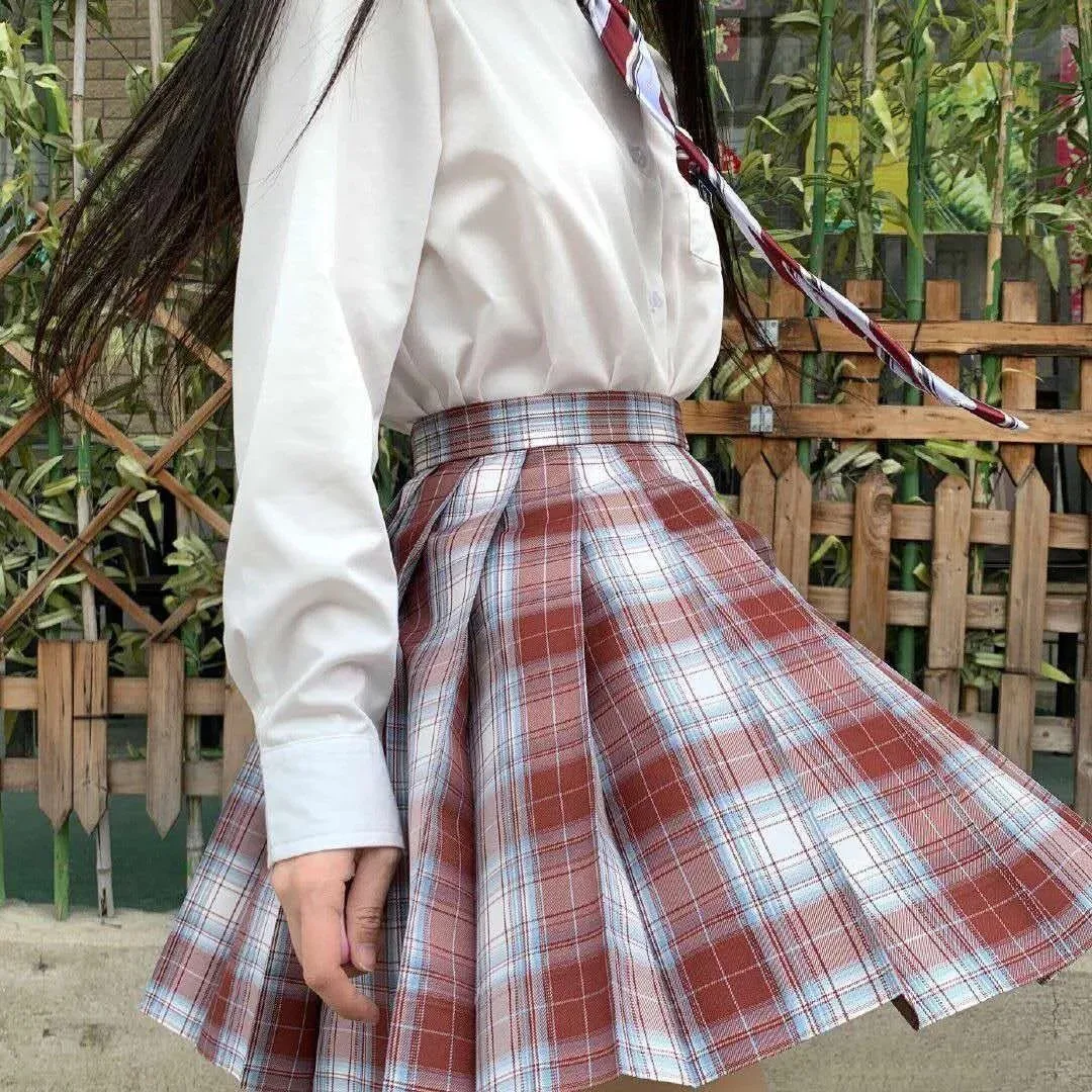 JK Uniform Mädchen Anzug Sommer Hohe Taille Gefaltete Röcke Rot Weiß Gothic Sexy Mini Plaid Rock Frauen Uniform Studenten kleidung