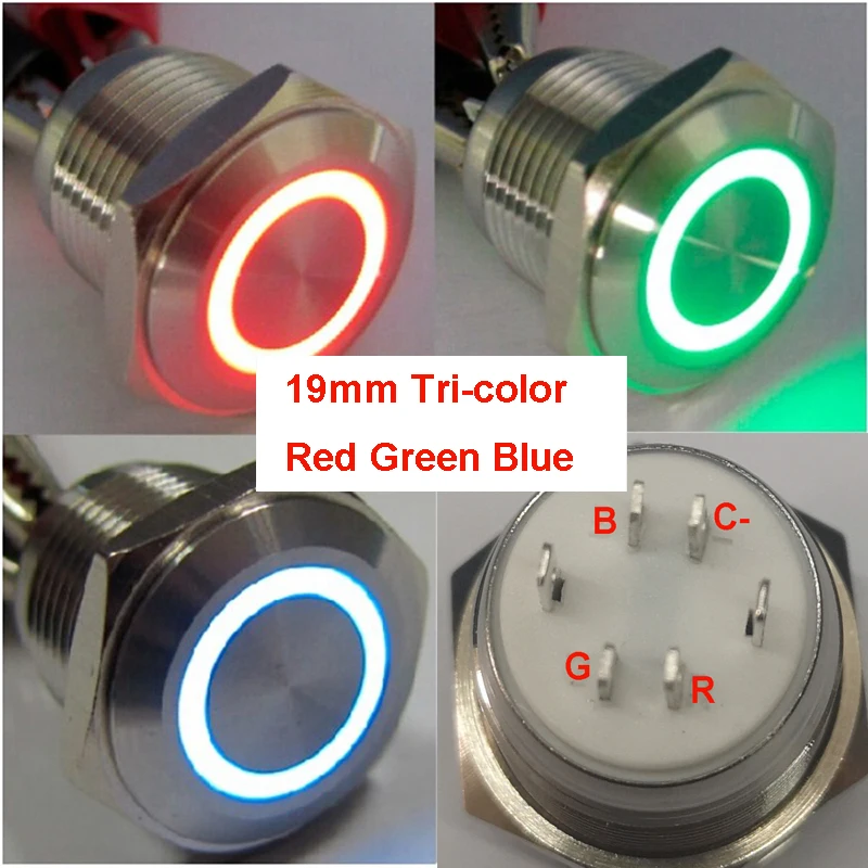 5 Pieces CE, ROHS 19mm Momentary Tri-Color (RED/ GREEN/ BLUE) Ring LED Reset Metal Electric Pushbutton Switch