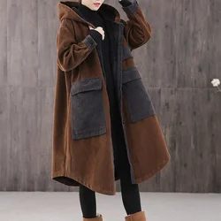 Casaco acolchoado com capuz grosso feminino, jaqueta de veludo cotelê, parka de bolso grande, algodão, solto, casual, capa longa, moda, outono, inverno