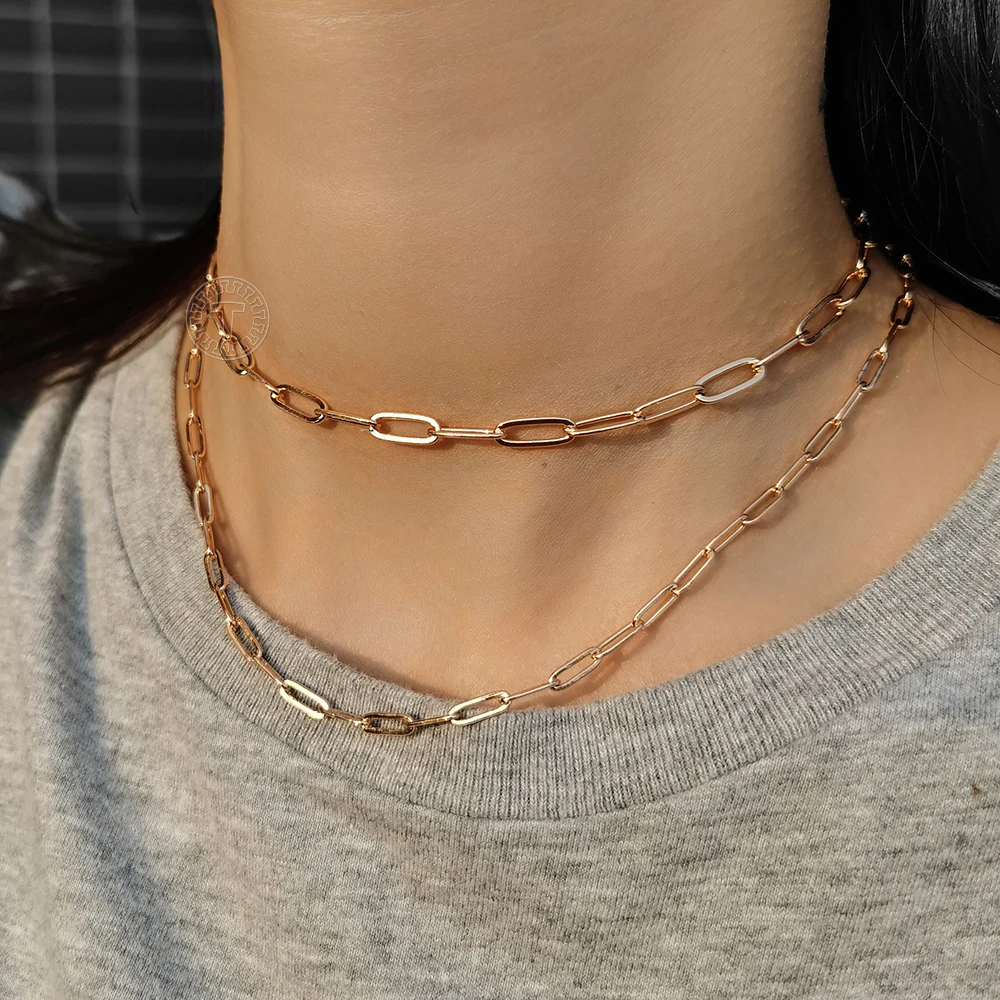 3/4mm Paperclip Chain Necklace For Womens 585 Rose Gold Color Rolo Link Fashion Jewelry Gifts 20/24 inch LCN43