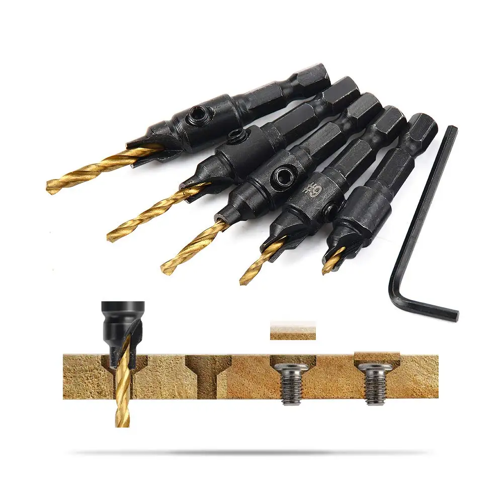 5Pcs 5 Flutes 6-12# Carpentry Countersink Drill Bit Set 1/4" Hex Shank HSS Woodworking Drill Bit Set Pilot Holes For Screw D40