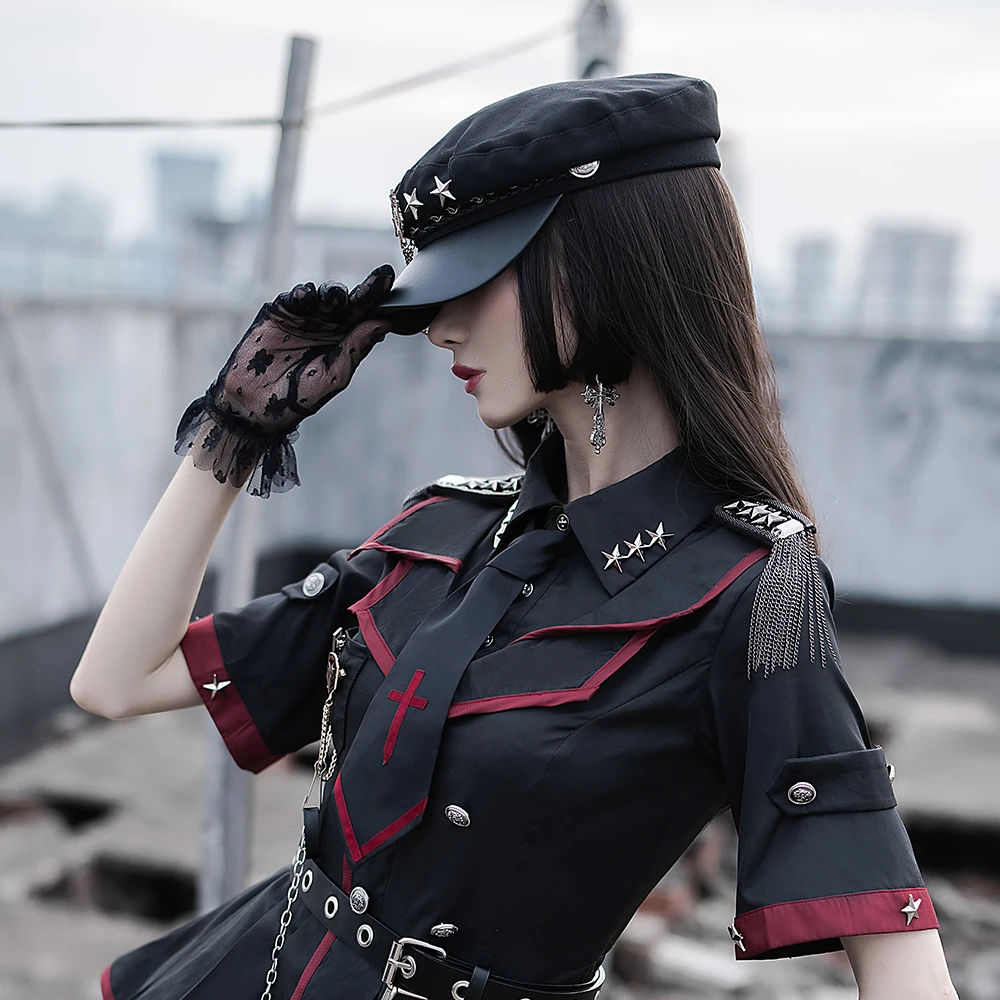 Melonshow Military Hat Woman Black Cotton Beret Flat Top Hats Female Headgear Girls Lolita Accessories Sun Casual Cap Star Badge