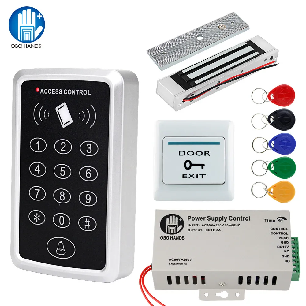 

RFID Access Control System Kit Frame Glass Door Set+Electric 180KG Magnetic Lock+5 Keytab+Power Supply+Exit Button