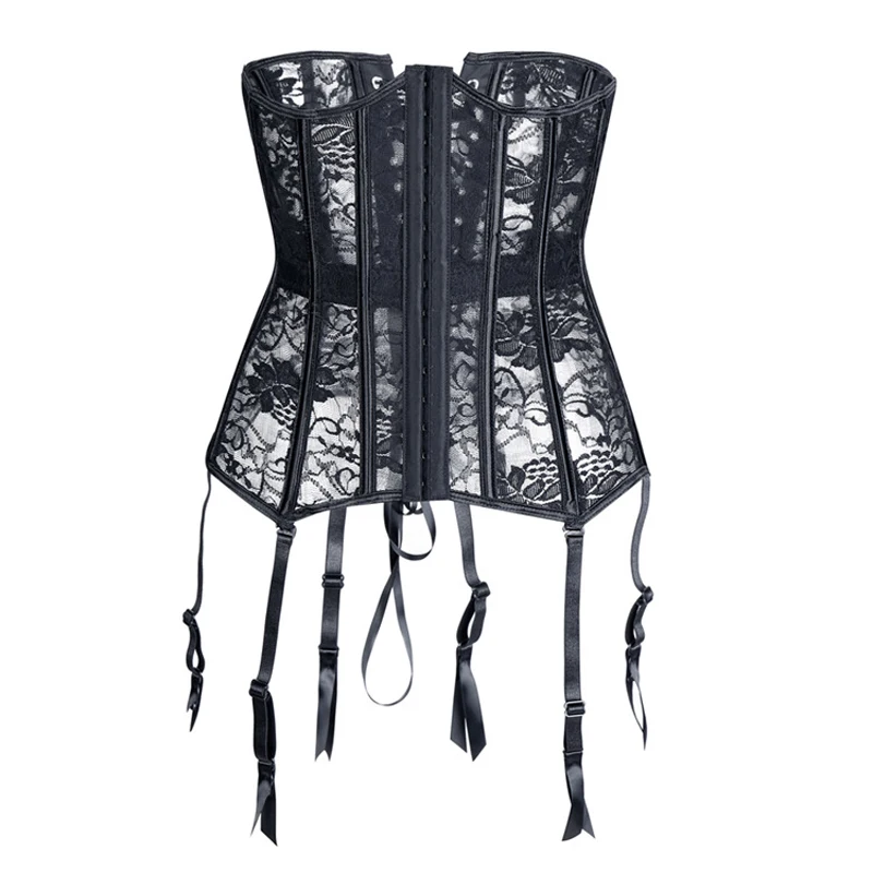 Sexy Lady Leather Elastic Bone Corset Sheer See Mesh Camisole Lingerie Gothic Rock Clubwear Cincher Outfit