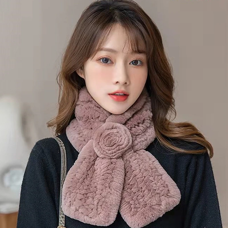 

ZDURS*Wool collar real wool rabbit fur grass wool scarf sweet Rex Rabbit Fur Bib lady warm lazy rabbit in autumn and winter