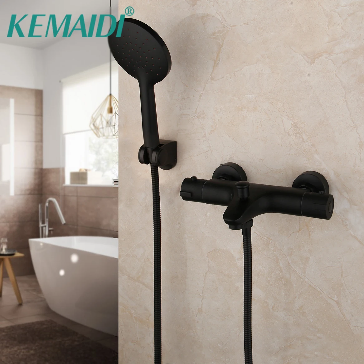 

KEMAIDI Thermostatic Mixer Faucet Constant Temperature Shower Mixer Tap Matte Black Bathtub Faucets Handheld Bath Shower Set