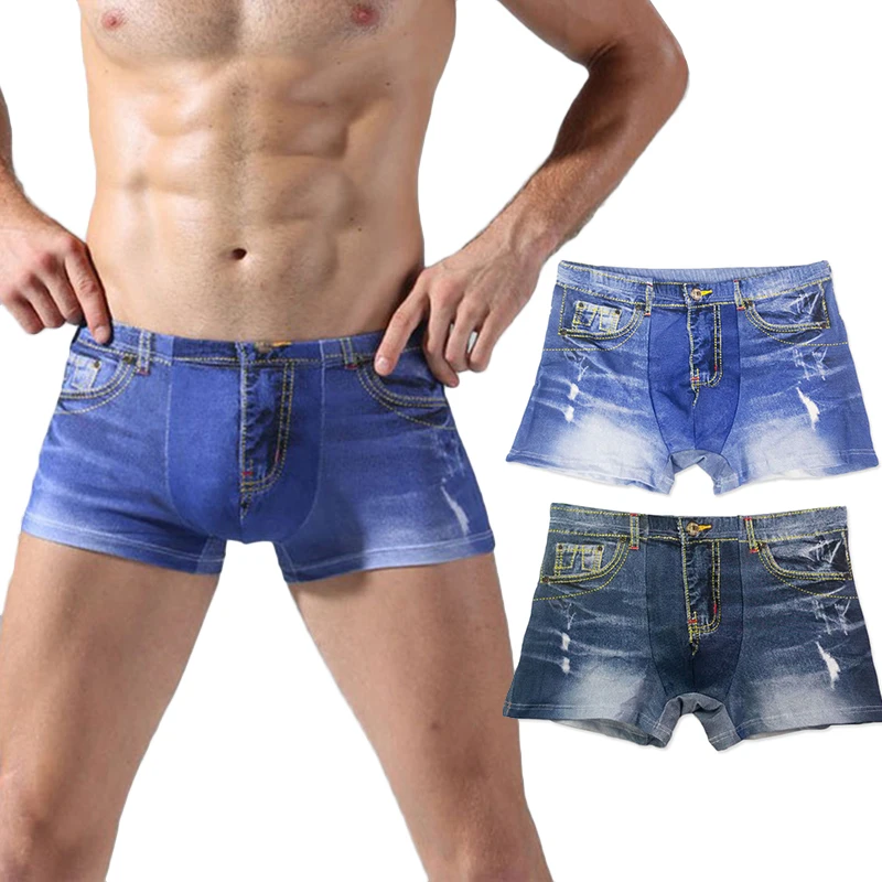 Men Denim Underwear 3D Sexy Boxers Jeans Shorts Classic Print Boxers Cotton Breathable Mens U Convex Pouch Underpants