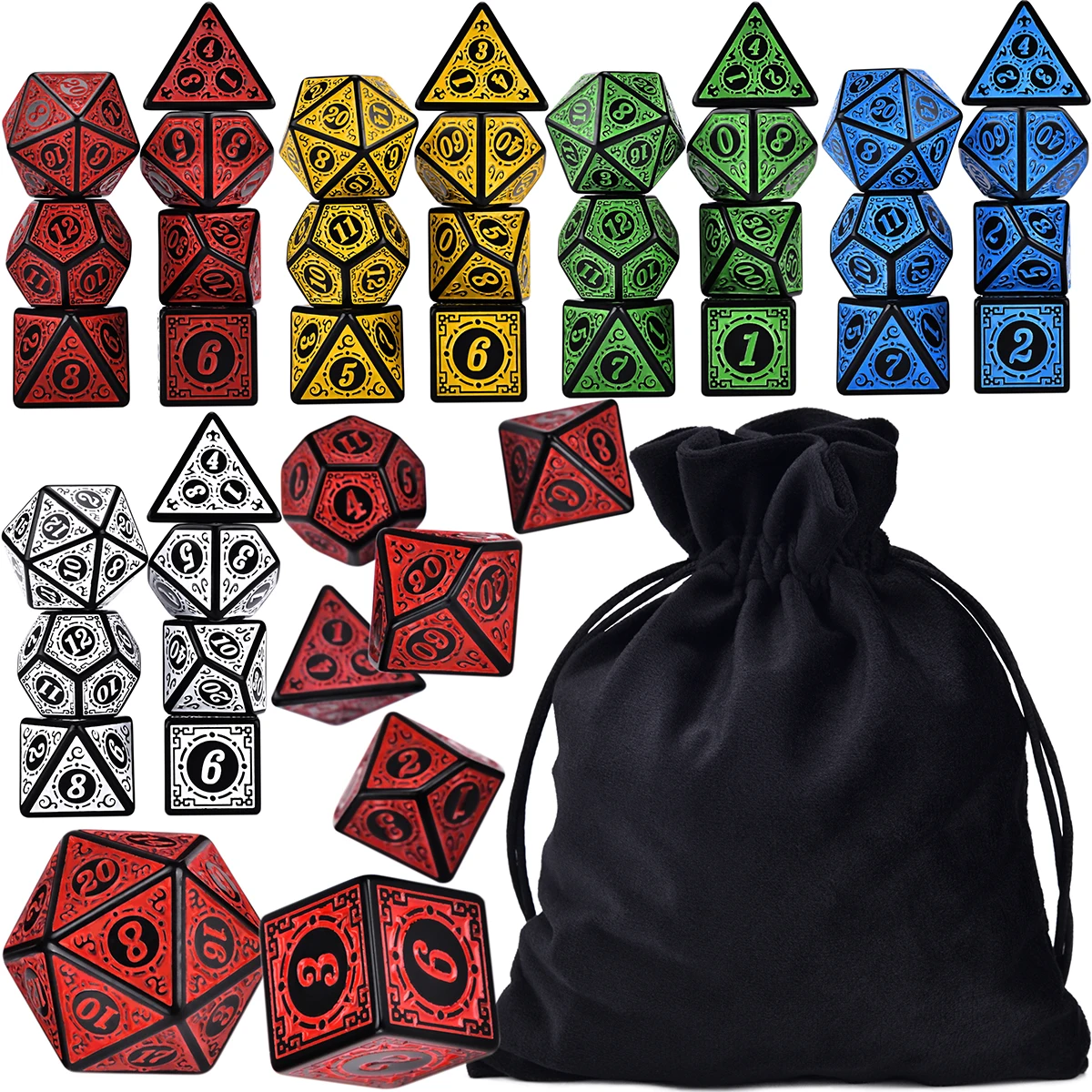 6 Sets Polyhedral 7-Die Rune Dice D4-D20 with Bag for DND RPG War Adventure Games