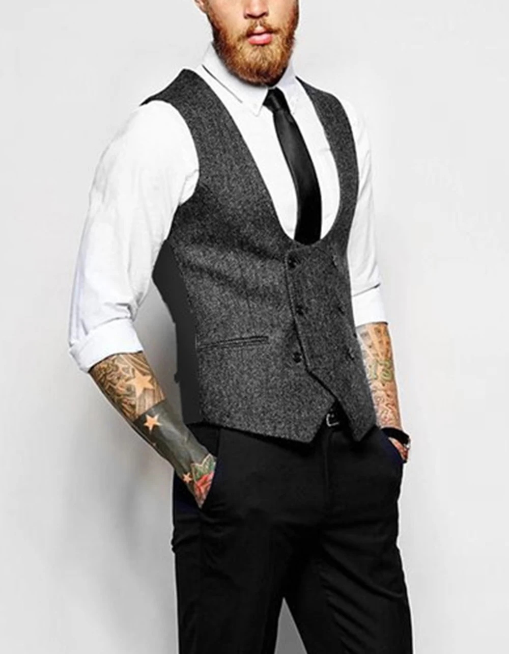 2022 New Men's Double-breasted Vest Woolen/Tweed Suit Vest Casual Top Quality Herringbone Pattern Waistcoat Groomsmen