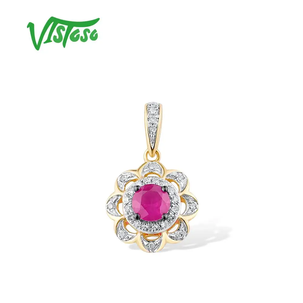 

VISTOSO Gold Pendant For Women Pure 14K 585 Yellow Gold Ruby Sparkling Diamond Flower Engagement Anniversary Gift Fine Jewelry