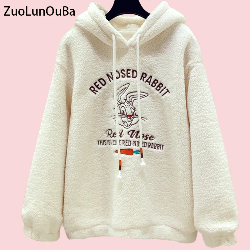 

ZuoLunOuBa Winter New Women Fleece Hoody Embroidery Cartoon Rabbit Carrot Sweatshirt High Quality Lamb Wool Pullover Female