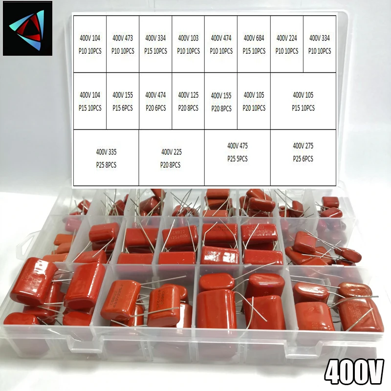 400V 165szt/pudełko 24 typy 104 473 334 103 684 474 224 155 125 105 335 225 475 275 Zestaw kondensatorów metalowych CBB
