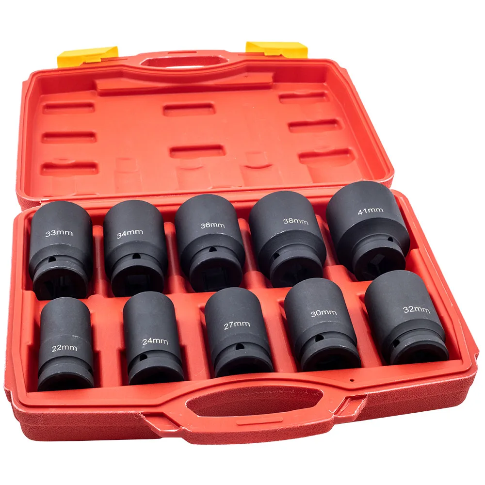 10PCS 3/4Inch Drive Deep Impact Sockets Set Metric 22-41mm 6-Point Kit With Case