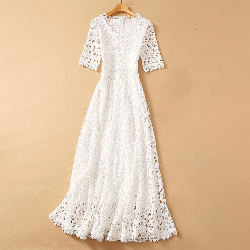 TWOTWINSTYLE Hollow Out Embroidery Dress For Women V Neck Half Sleeve High Waist Elegant Dresses Female Fashion New Clothing