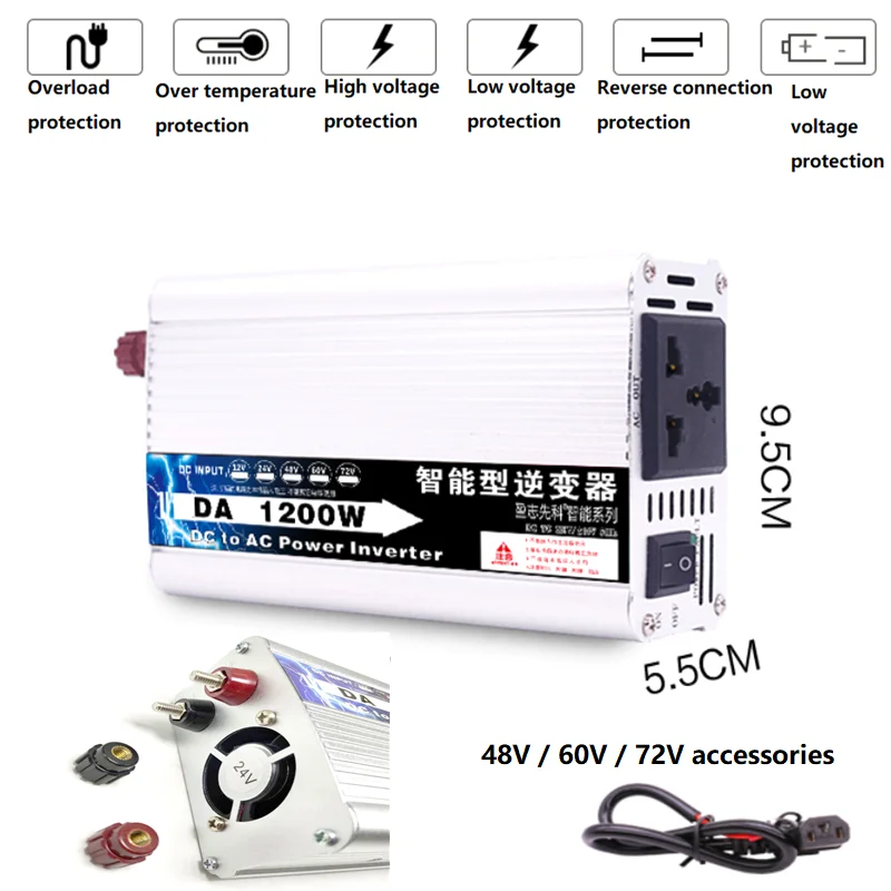 Imagem -02 - Inversor de Potência Automotivo 1200w com Adaptador de Onda Senoidal cc 12 para ac 220 24v 48v 60v 72v para ac 220v 50hz