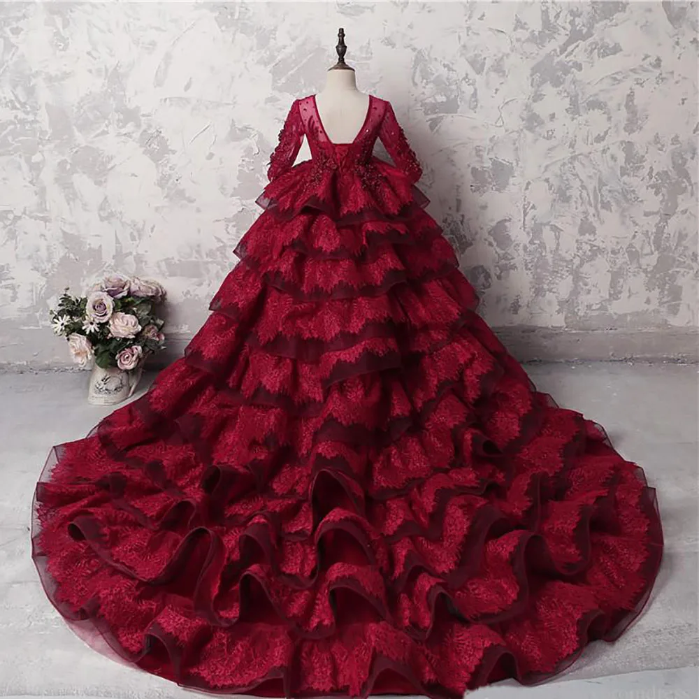 Incrível multi-camada meninas pageant vestidos de renda vermelha escura mangas compridas apliques contas vestidos da menina de flor para o casamento longo trem