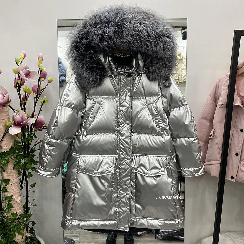 Winter Women New Glossy White Duck Down Jacket Loose Casual Warm Thick Coat Detachable Large Real Fur Collar Overcoat