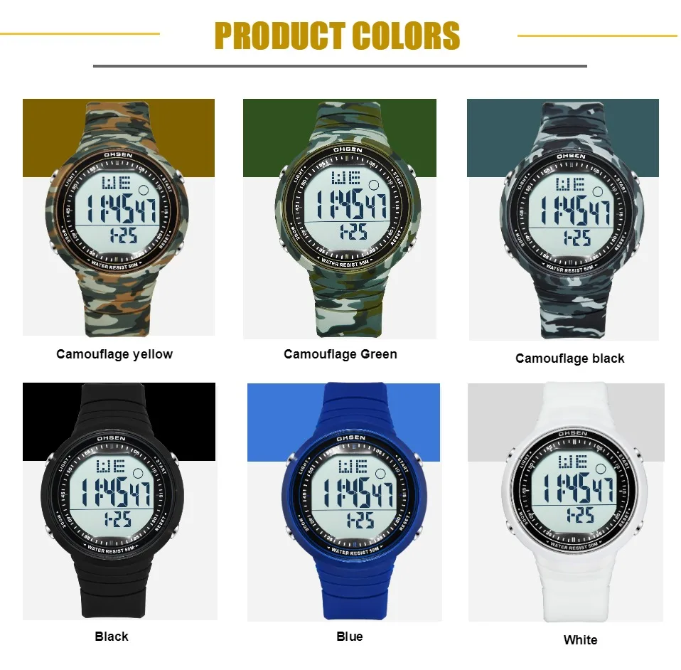 OHSEN Digitale LCD Sport Mannen Polshorloge Relogio Masculino 50 M Duiken Siliconen Band Mode camouflage Groen Leger Sport mannelijke Horloge