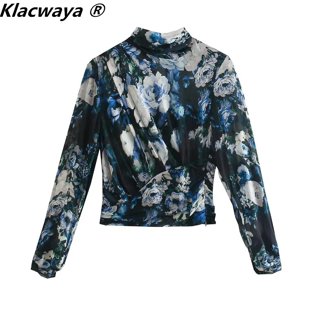 Klacwaya Blus Wanita Mode Atasan Lengan Panjang Leher-o Vintage 2021 Kemeja Wanita Blus Elegan Wanita Print