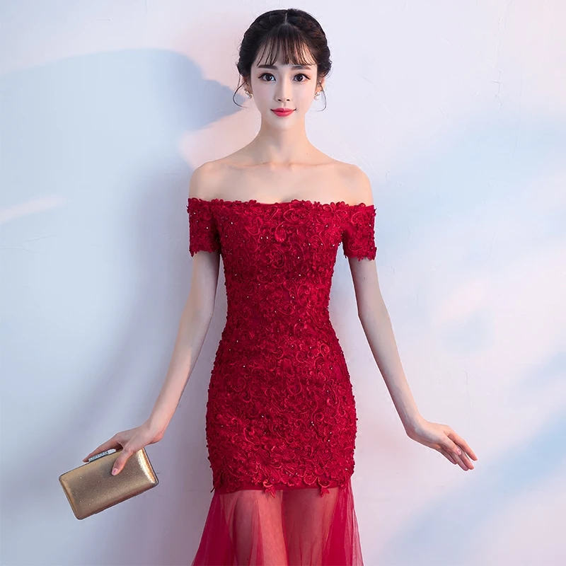 Robe de soiree New Arrival Red Boat Neck Bouquet Evening dress Mermaid Lace Up vestido de festa Party Prom dresses Custom made