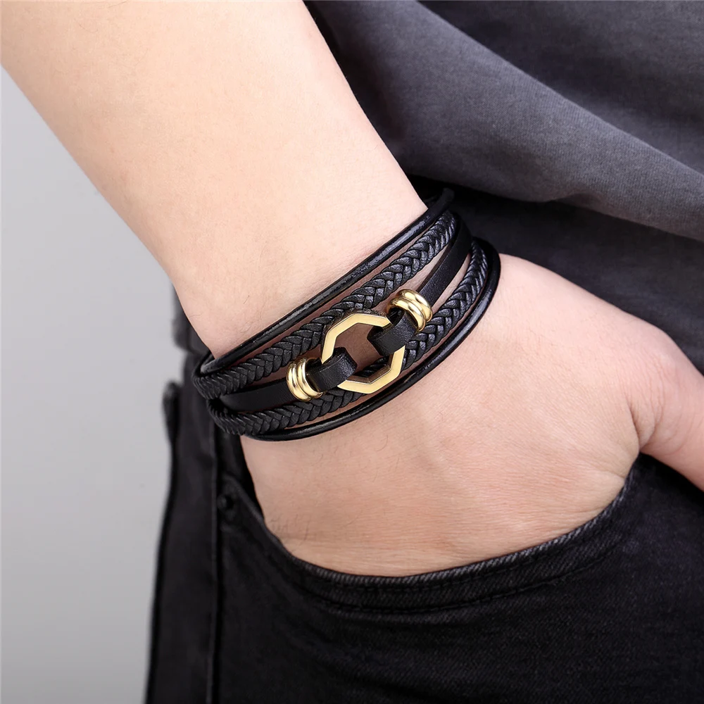 New Multi-layer Style Hand-woven Accessories Combination Stainless Steel Bracelets Men Leather Bracelet Gold Steel Color Jewelry