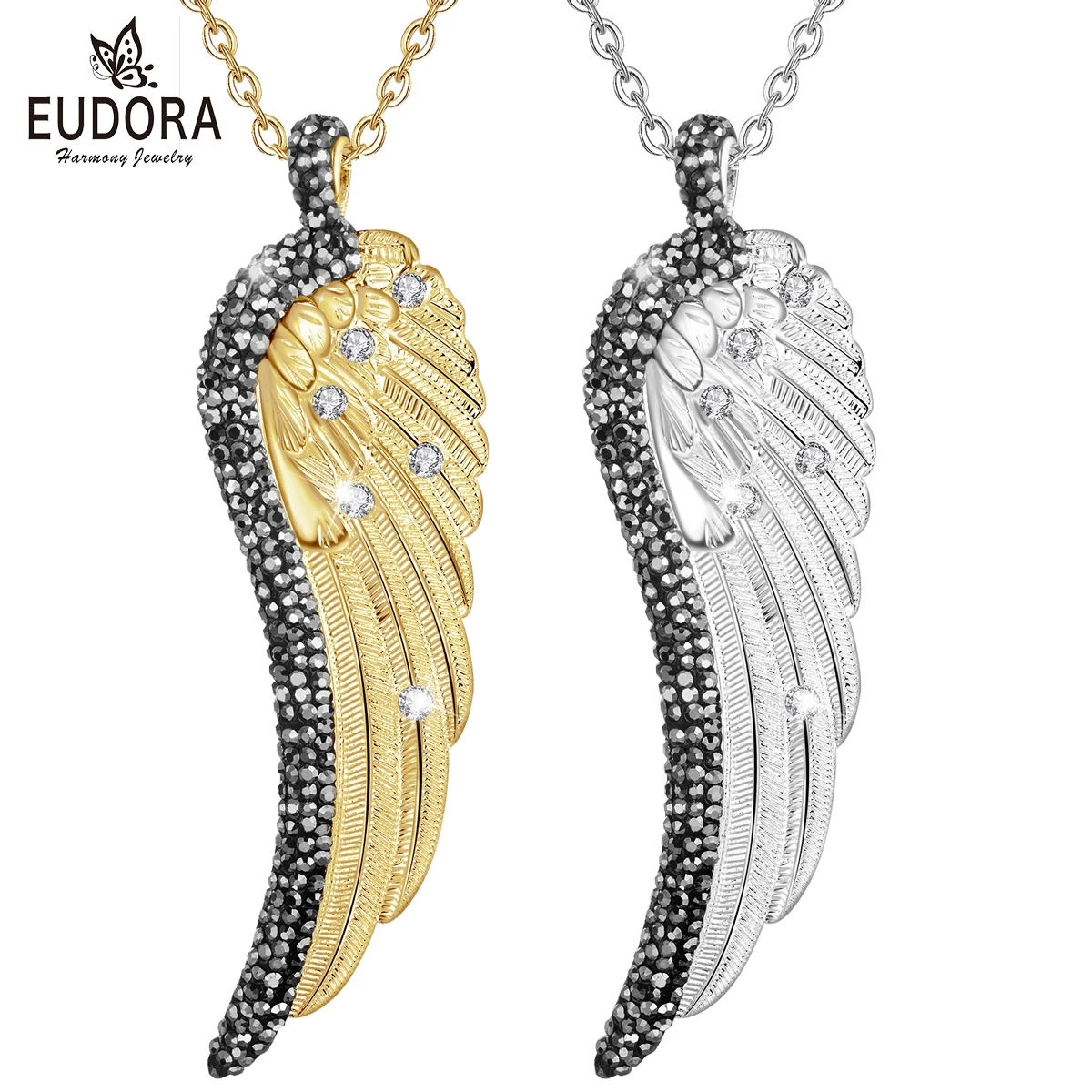 Eudora Angel Caller Wing Pendant Necklace Fashion Crystal Big  golen white copper charms Jewelry 30 inch Necklaces Jewelry Gift