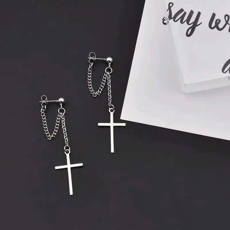 Korea harajuku Cool E-girl boy Cross Chain Pendant Earrings 90s aesthetic accessories igirl couple Bff grunge goth  jewelry