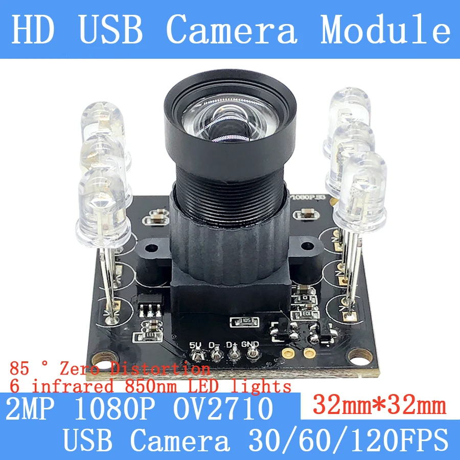 IR 850nm LED Zero Distortion 2MP Surveillance Webcam 1080P MJPEG High Speed OV2710 Linux UVC 30/60FPS 120fps USB Camera Module