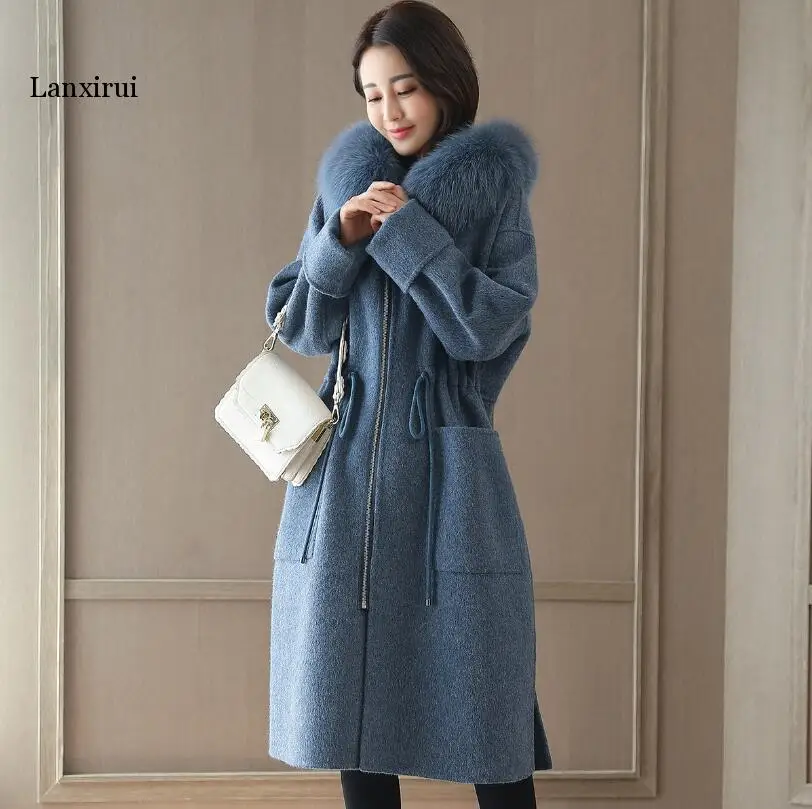 

Autumn Winter Women Woolen Coat Outerwear Female Medium-long Hooded Trench Sweet Fur Collar Casual Casaco Feminino Female Jacket