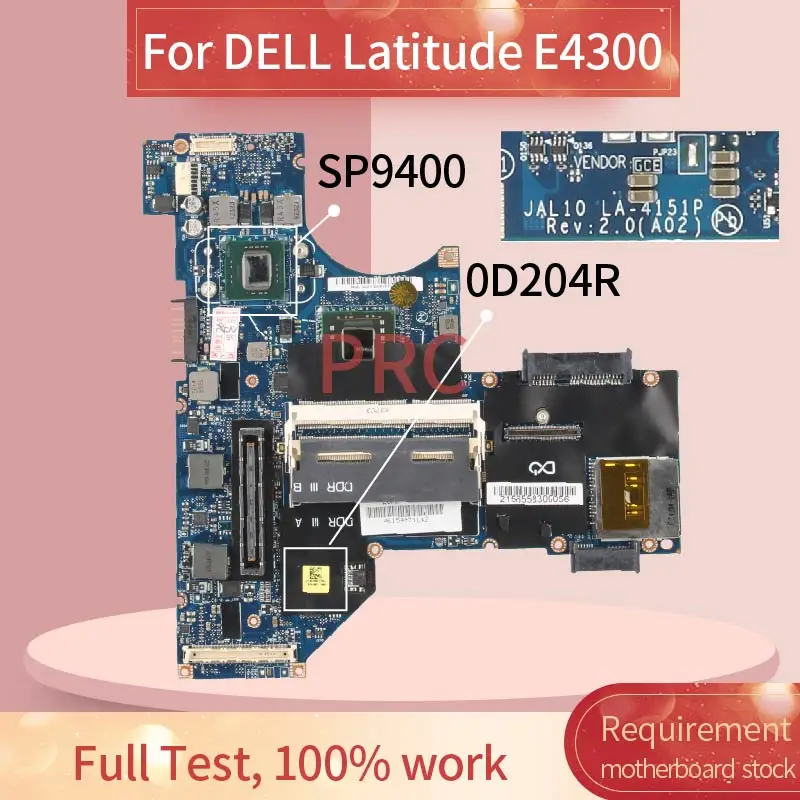 

CN-0D204R 0D204R For DELL Latitude E4300 SP9400 Laptop Motherboard LA-4151P DDR3 Notebook Mainboard