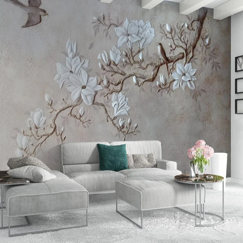 Custom Any Size Photo Wallpaper Modern Pastoral 3D Embossed Flowers Birds Mural Wall Paper Living Room Bedroom Papel De Parede