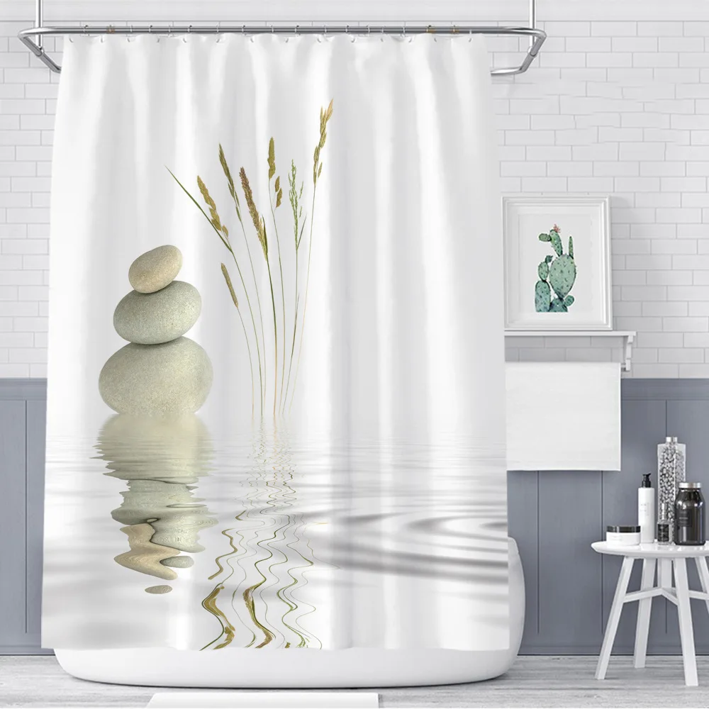 Stones And White Lotus in Water Shower Curtain Set Zen SPA Bathroom Waterproof Extra Long Polyester Bathtub Decor Cloth Screen