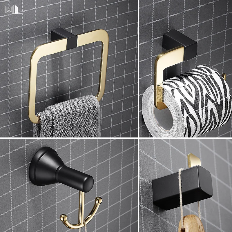 Bathroom Accessorie Set Soild Brass Gold & Black Towel Ring/Rack/Bar Paper Roll Holder Robe Hooks Soap Dish Bath Hardware