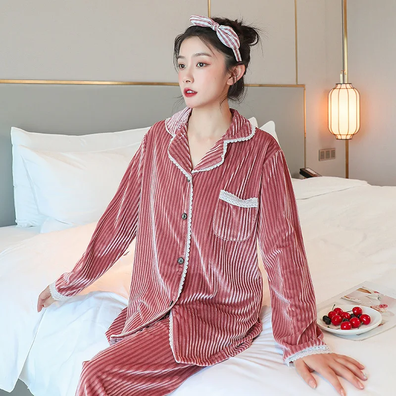 

Sleepwear 2pcs Autumn Winter Women Pajamas Sets Gold Velvet Sexy Warm Homewear Pijama Pyjamas Suit For Woman fashion warm