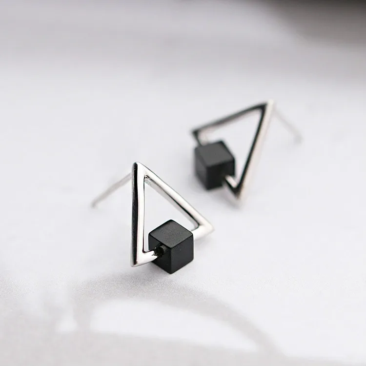 925 Sterling Silver Black Square Hollow Triangle Stud Earrings For Women Gift Hypoallergenic Sterling-silver-jewelry