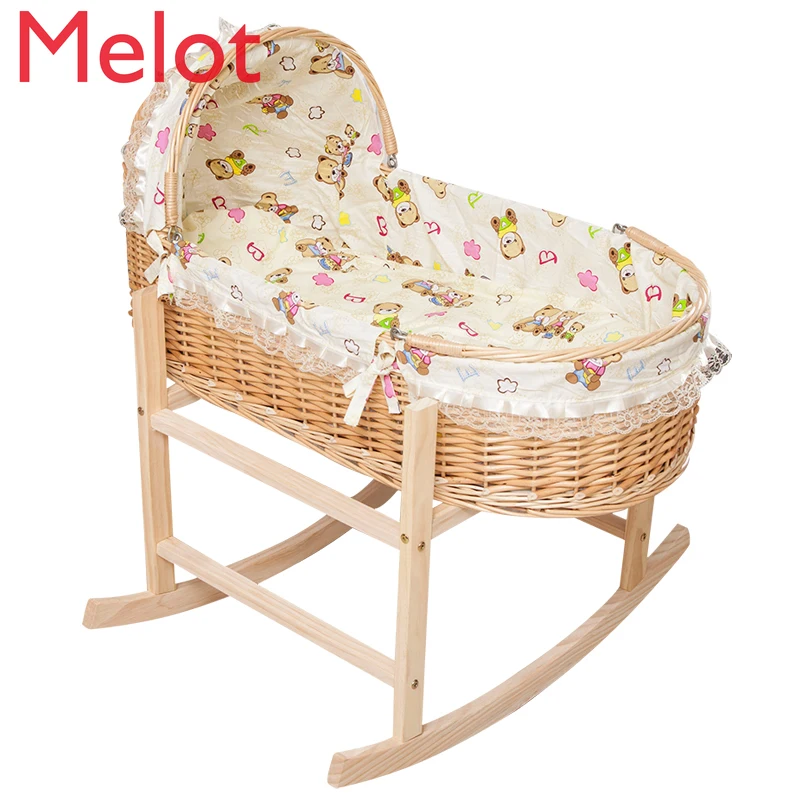 Rattan Baby Bassinet Newborn Portable Basket Babies\' Bed Cradle Rocking Nest Solid Wood