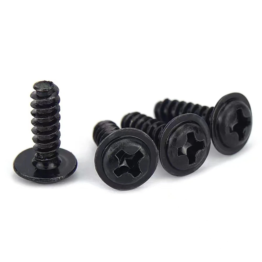 100pcs/Lot PWB Round Head W/ Washer Self-tapping Screw Black Plated Carbon Steel Truss Screw M1.4 M1.7 M2 M2.3 M2.6 M3 M3.5 M4