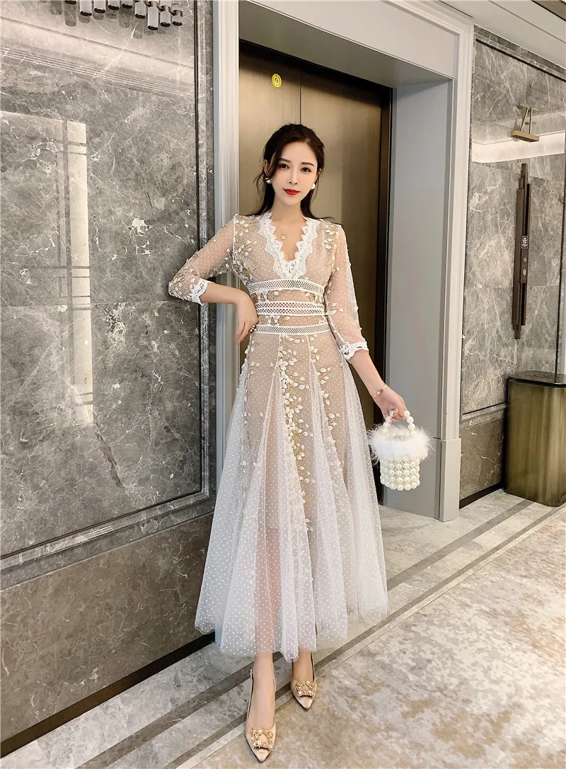 chinese dress ladies Spring Summer Beading Lace Dress Runway Women Short Sleeve Floral  Embroidery Hollow Out White Slim Long White XS at Amazon Women's Clothing  store main image 1