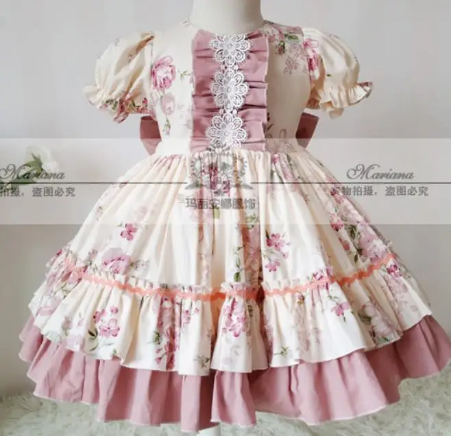 Baby girl Vintage summer Spanish England printed lolita dress kids puff sleeve court Turkey ball gown dress