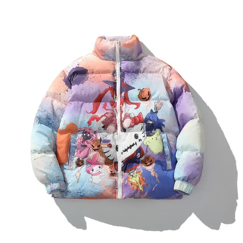 Hip Hop Jackets Parka Colorful Cartoon Tie Dye Streetwear Men Windbreaker Harajuku Winter Jacket Loose Coat Warm Lovers Outwear