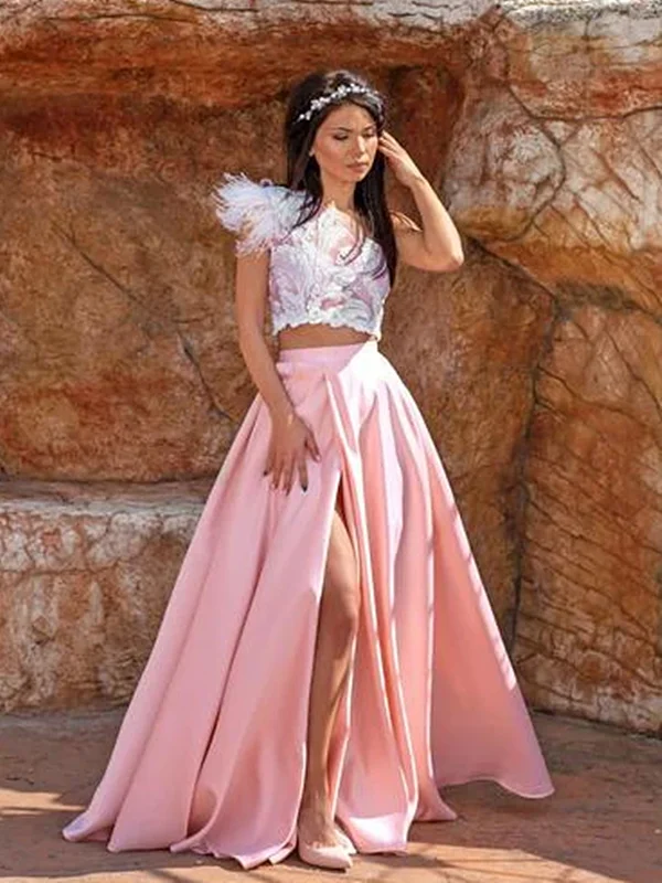 Vestido de festa longo de cetim, rosa, comprimento um ombro, divisão, duas peças, simples, um ombro, festa, 2021