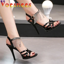 2021 Fashion Sexy Gladiator Summer PU Women Shoes 11CM Thin High Heels Sandals Slip-On Opinted Toe Black Dress Big Size 34-43