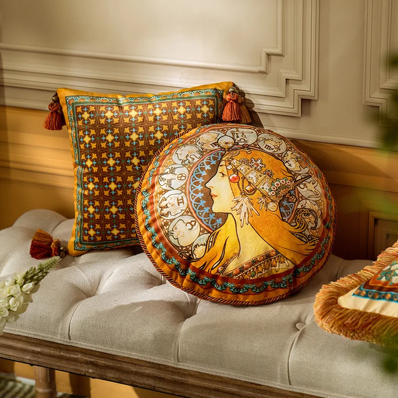Throw Velvet Cushion Cover with Heavy Tassel,Vintage Home Decoration,Luxurious Pillowcase,Camelli Alphonse Maria Mucha Art
