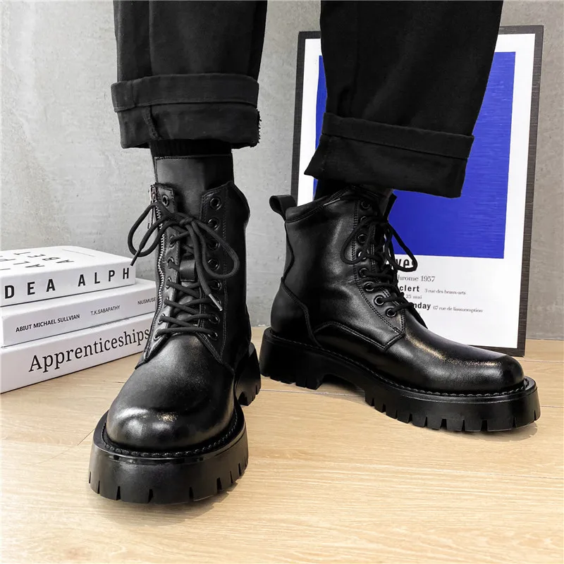 

brand designer men's leisure chelsea boots warm fur winter shoes genuine leather platform boot moto ankle botas hombre zapatos