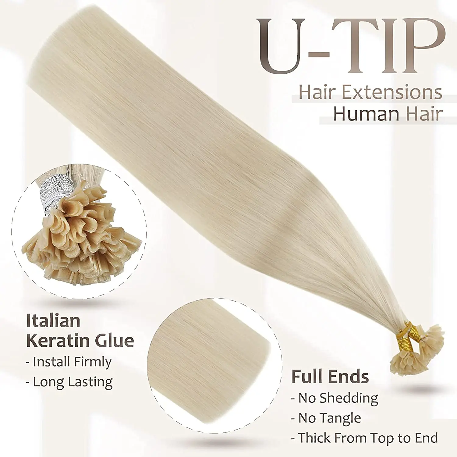 Full Shine Nail Tip Hair Extensions Solid Blonde U Tip Keratin Glue Beads Prebonded 50g 50stands Machine Remy