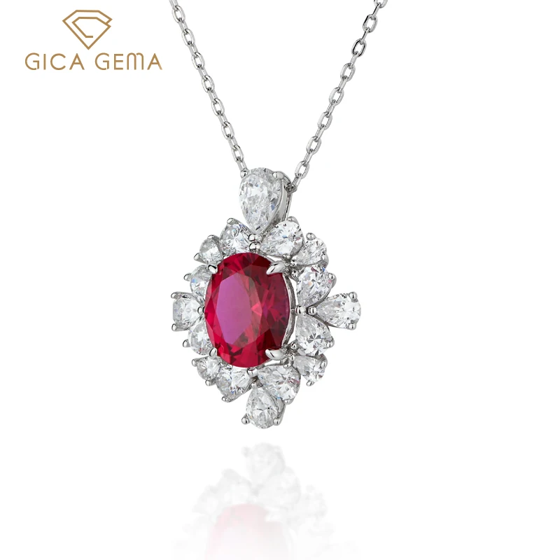 GICA 100% 925 Sterling Silver 8*10MM Garnet musujące wysokiej węgla wisiorek diamentowy naszyjnik dla kobiet Wedding Party Fine Jewelry