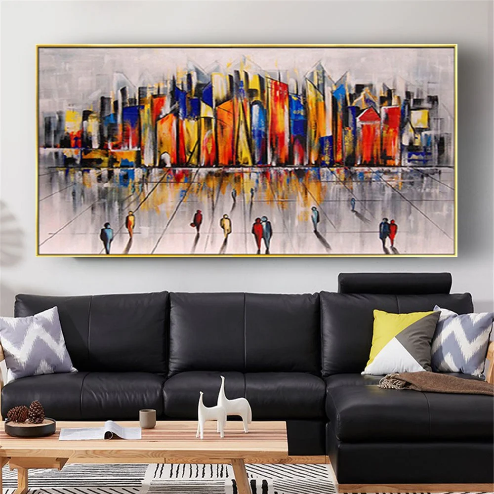 

Hand-Painted Modern Large Abstract Oil Painting Deco Room Metropolitan Plaza View Home Decor Picture Handmade Wall Art On Canvas